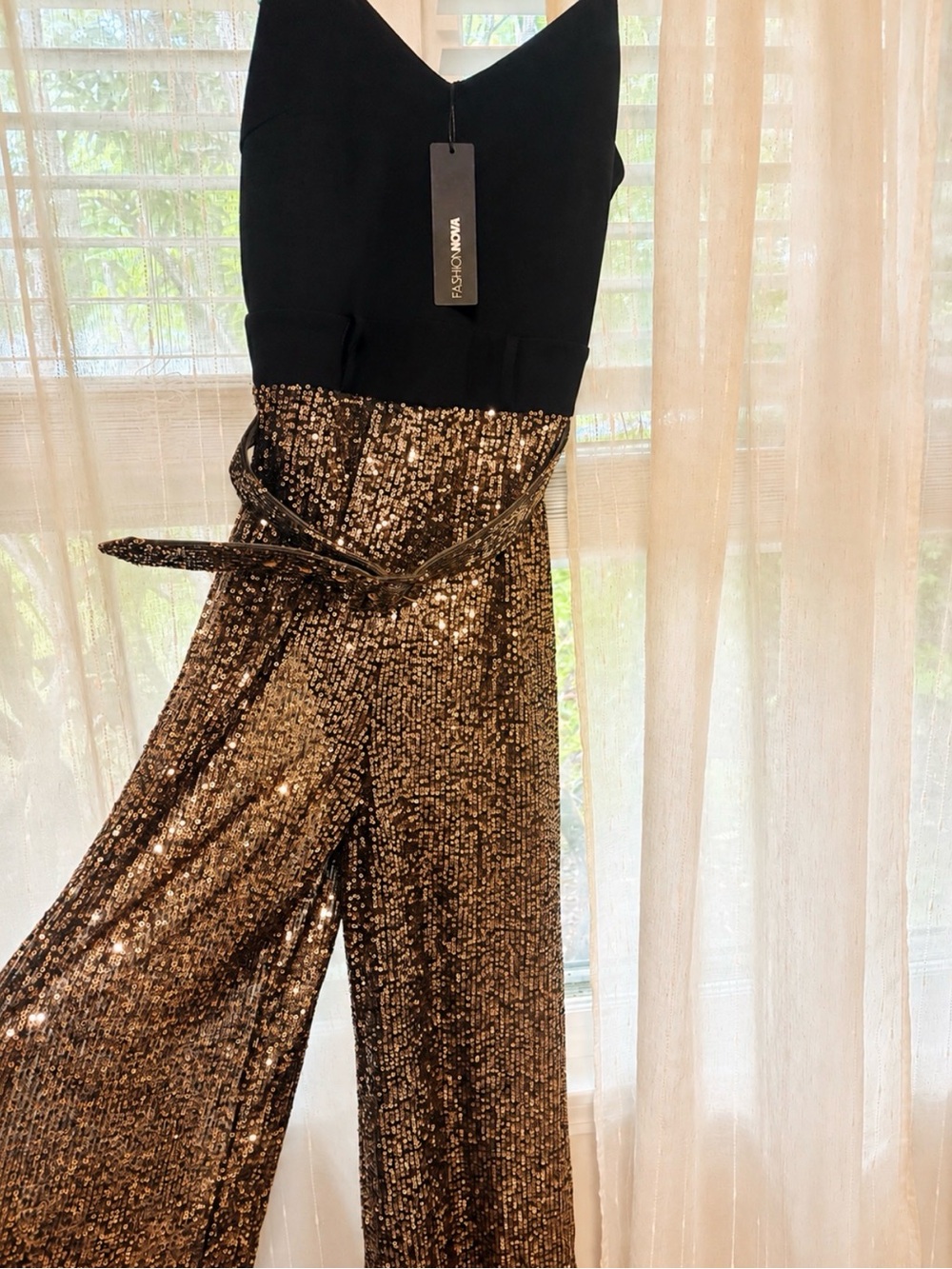 Fashion Nova Black & Gold Sequin Wide-Leg Jumpsuit